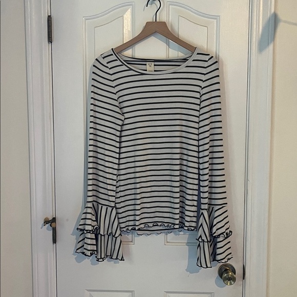 Free People | We The Free Good Find Stripe Tee Size Large Ruffle Cuff Nautical - Picture 2 of 8